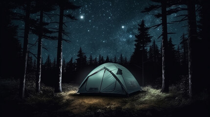 Camping tent in the forest at night.generative ai