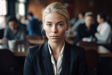 young adult blonde woman in a cafe or office or restaurant with crowd of people, nervous or tense facial expression. Generative AI - obrazy, fototapety, plakaty