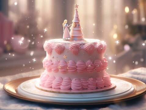 A pink cake with a princess and prince figurine on top. AI generative image.