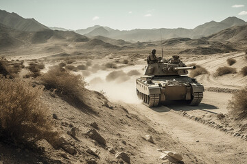 Fototapeta premium a soldier of a fictional army tank driving along a narrow path in a desert region. Generative AI