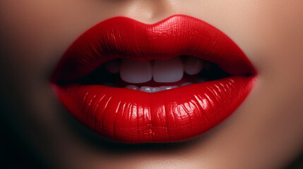 Obraz premium Closeup of beautiful female lips with red lipstick.generative ai