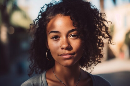beautiful 21 years old female tanned woman on the beach with a smile, wears a bikini, tourists in the background. Generative AI