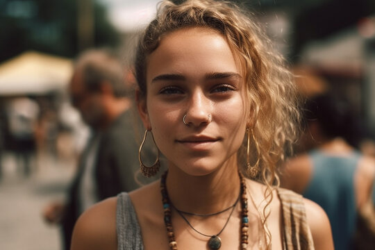 beautiful 20 years old female caucasian teenager woman outdoor in a town or city with a smile, wears a summer dress, locals in the background. Generative AI