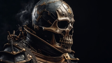 Closeup portrait of medieval knight in armor with skull on dark background.generative ai