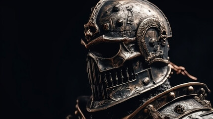 Obraz premium Closeup portrait of medieval knight in armor with skull on dark background.generative ai