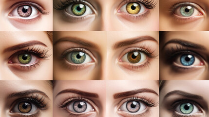 Collage of beautiful female eyes with different shades of green make-up.generative ai