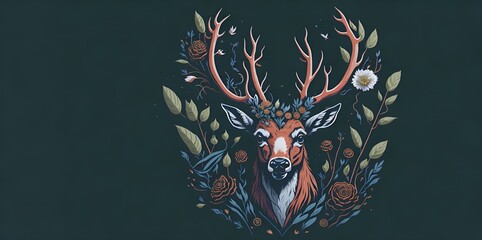 Green and brown deer floral head, Generative AI