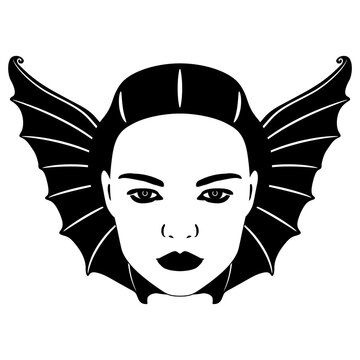 Pretty female face with bat wings. Vampire lady. Fantastic Goth design. Black and white silhouette.