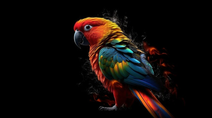 Fototapeta premium Colorful parrot on fire isolated on black background,generative ai