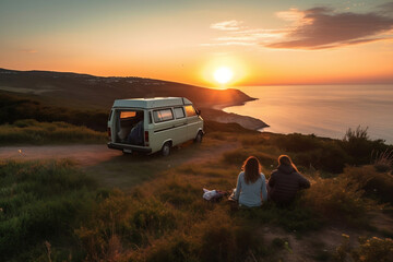 Young couple sits on a hill above the sea next to their camper van and looks at the sunset (generative AI)