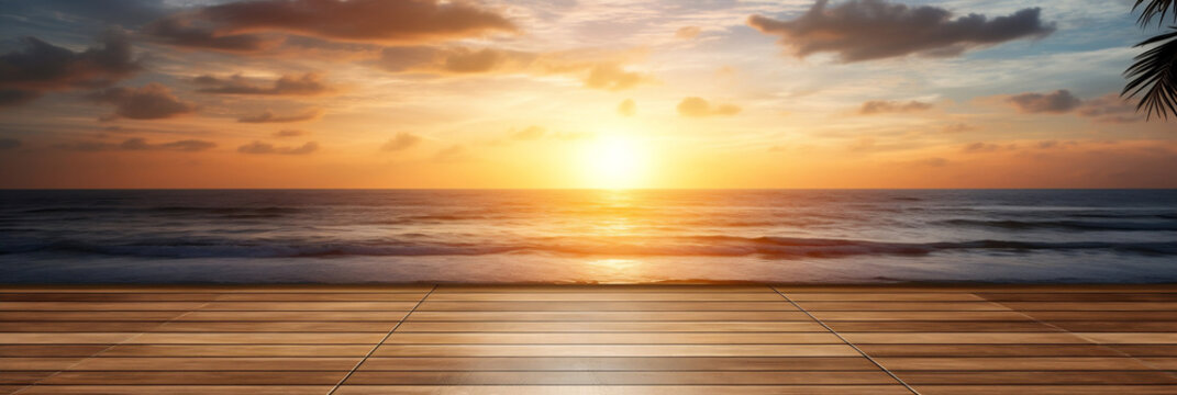 Empty wooden floor with tropical sunset beach background (generative AI)