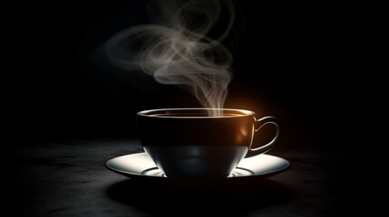White cup of coffee on a black background with smoke.generative ai