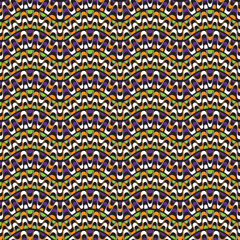 Horizontal wavy stripes with green, purple, white, and orange decorative elements on a black background. Tribal ethnic design. Graphic textile texture. Seamless geometric pattern. Vector illustration.