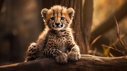 Close up of cheetah cub sitting on branch looking at camera.generative ai