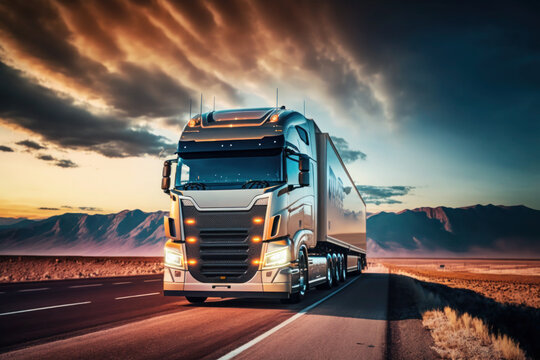 truck on the track, motorway. sunrise or sunset. the car makes international cargo transportation. AI generative