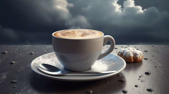 Cup of coffee on wooden table with stormy sky background.generative ai