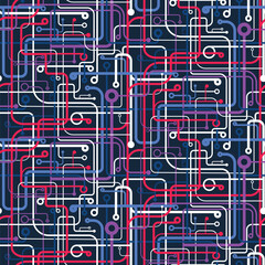 Seamless geometric pattern. Microcircuit structure with interlaced white, red, and blue lines on a black background. Graphic textile texture. Vector illustration for textile, wrapping, and packaging.