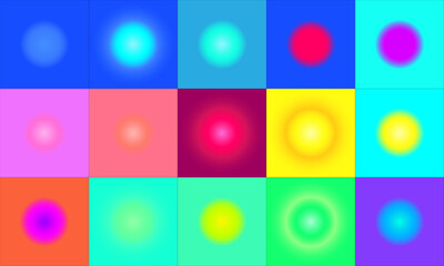 Glowing gradient circles set. Colorful blurry abstract round shapes, transparent background