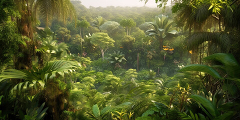 Wild dense jungle for background, forest with tropical thick in summer, generative AI.