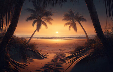 Sea beach at sunset, landscape with sand, palm trees and sky, generative AI.
