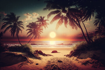 Sea beach at sunset, landscape with sand, palm trees and sky, generative AI