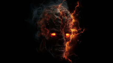 Halloween skull with fire and smoke on black background.generative  ai