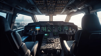 Cockpit of airplane inside view, aircraft flight deck in airport, generative AI.