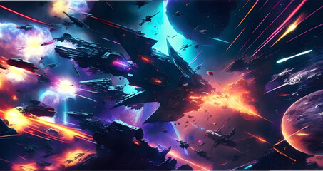 Cosmic Clash: Witness an epic space battle with colossal starships, intense laser beams, and explosive chaos. Experience the adrenaline of interstellar warfare in this captivating photo.