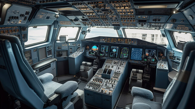 Cockpit of plane inside view, airplane flight deck at airport, generative AI.