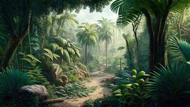 Path in wild jungle, deep tropical forest in painting stile, illustration, generative AI