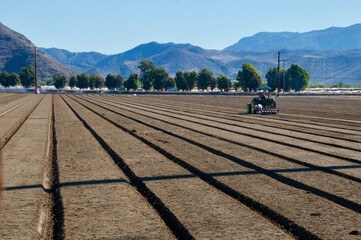 Tractor in furrowed farm field Oxnard California 