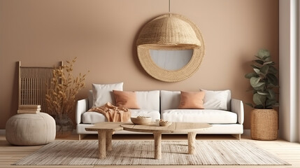 Fototapeta na wymiar Mock up frame in cozy beige home interior background, Boho style. Generative Ai