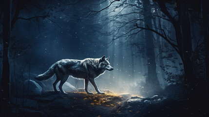 Wolf in the dark forest at night.generative ai