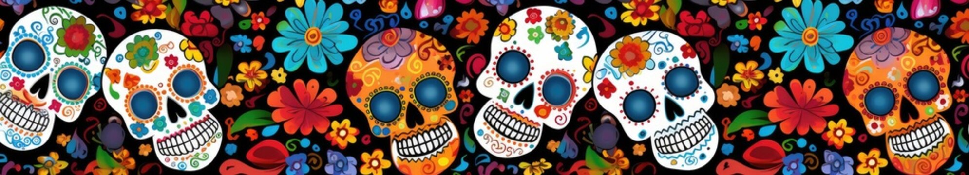 Day of the Dead skulls pattern. Day of the dead and mexican Halloween texture. Mexican tradition festival. Day of the dead sugar skull isolated. Dia de los Muertos tattoo. Generative AI
