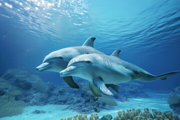 Bottlenose dolphins playing in the turquoise waters of Australia on World Oceans Day. A mother and baby dolphin swim together in the vibrant coral reef ecosystem. AI Generative. Generative AI