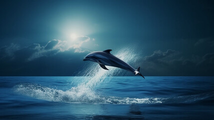 Dolphin jumping out of the sea at sunset. generative ai
