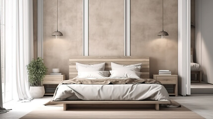 Mockup frame in bedroom interior background, Farmhouse style, 3d render. Generative Ai