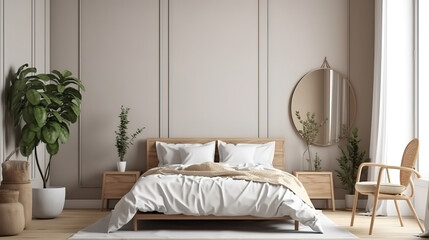 Fototapeta na wymiar Mockup frame in bedroom interior background, Farmhouse style, 3d render. Generative Ai