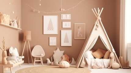 Fototapeta na wymiar Mockup frame in cozy beige children room interior background. Generative Ai