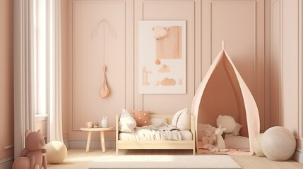 Mockup frame in cozy beige children room interior background. Generative Ai