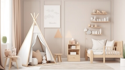 Fototapeta na wymiar Mockup frame in cozy beige children room interior background. Generative Ai