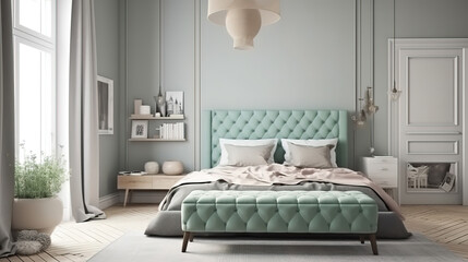 Scandinavian bedroom interior with bed in pastel beige and mint colors. Generative Ai