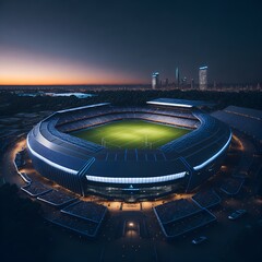 Photo of a brightly lit stadium captured from an aerial perspective at night