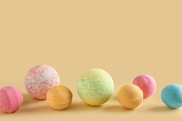 Bath bombs on beige background