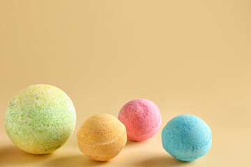 Bath bombs on beige background