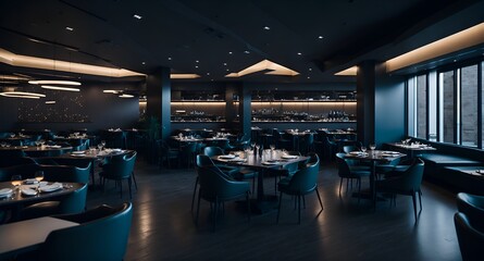 Photo of a cozy restaurant with blue furniture and low lighting - obrazy, fototapety, plakaty
