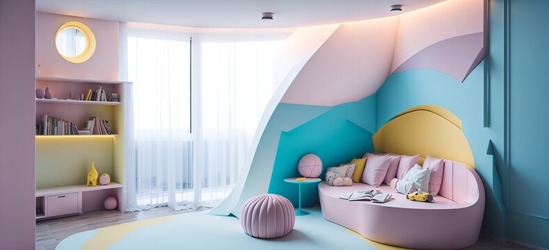 Photo of a colorful and playful children's bedroom with a unique curved bed