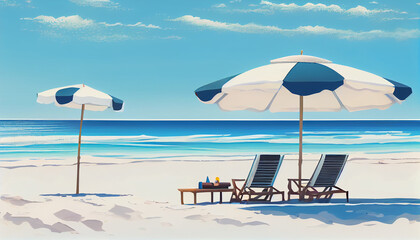 Vibrant Beach Panorama Illustration: White Sand, Chairs, Umbrella & Scenic Travel Tourism Background Generative AI