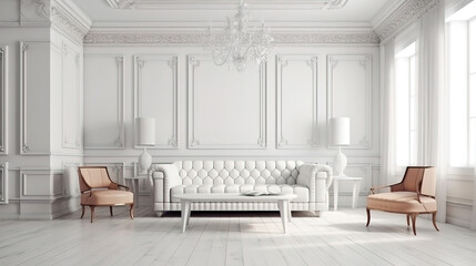 Fototapeta na wymiar Classic white interior with modern furniture, 3d render, Bright color. Generative Ai