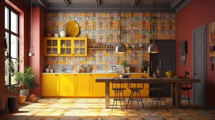 Fototapeta na wymiar Ethnic kitchen interior, panoramic view, 3d render, Bright color. Generative Ai